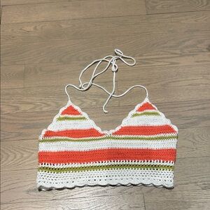 aerie Crochet Halter Crop Top in White, Coral & Olive